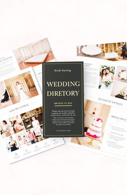 A beautifully organized and visually stunning wedding directory spread out, showcasing various wedding services and inspirations