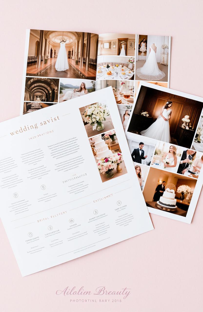 A beautifully organized and visually stunning wedding directory spread out, showcasing various wedding services and inspirations