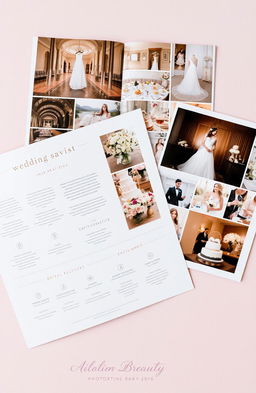 A beautifully organized and visually stunning wedding directory spread out, showcasing various wedding services and inspirations