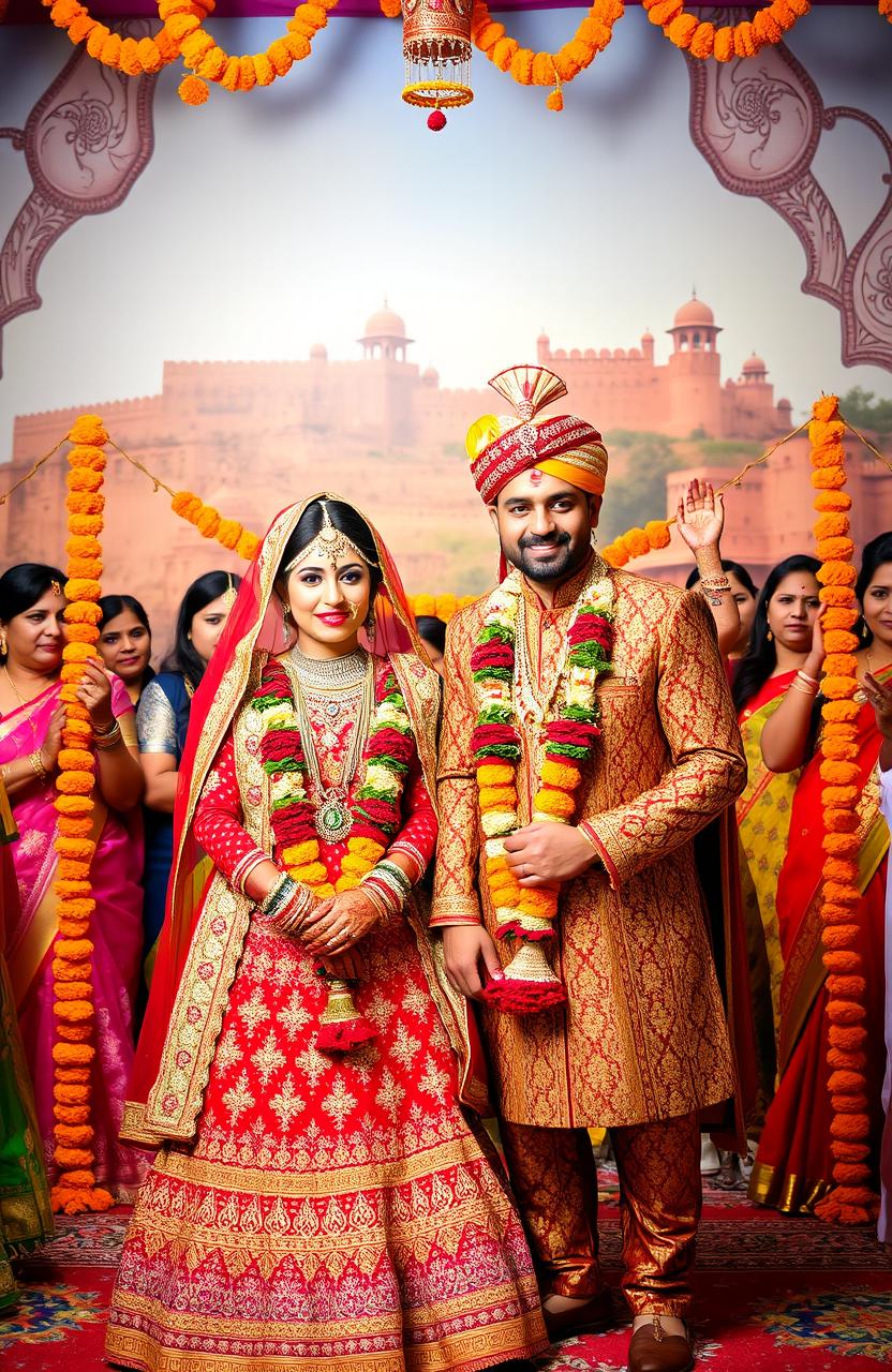 A beautifully crafted Rajasthan wedding scene, showcasing vibrant traditional attire with intricate patterns