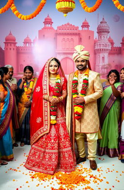 A beautifully crafted Rajasthan wedding scene, showcasing vibrant traditional attire with intricate patterns