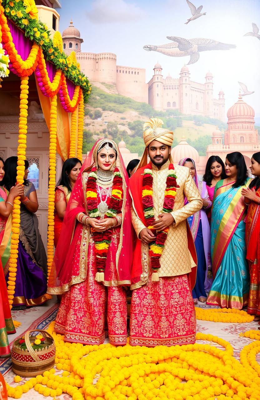 A beautifully crafted Rajasthan wedding scene, showcasing vibrant traditional attire with intricate patterns