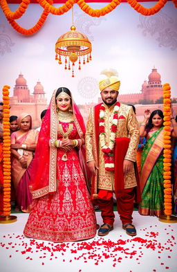 A beautifully crafted Rajasthan wedding scene, showcasing vibrant traditional attire with intricate patterns