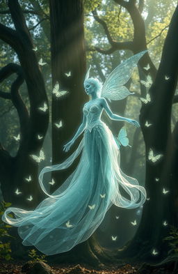 A stunningly designed individual spirit, ethereal and luminous, floating gracefully in a tranquil forest setting