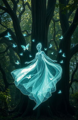 A stunningly designed individual spirit, ethereal and luminous, floating gracefully in a tranquil forest setting