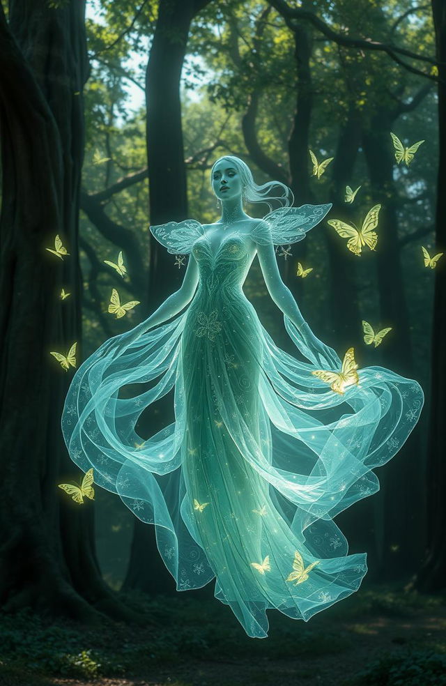 A stunningly designed individual spirit, ethereal and luminous, floating gracefully in a tranquil forest setting