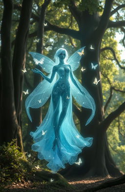 A stunningly designed individual spirit, ethereal and luminous, floating gracefully in a tranquil forest setting