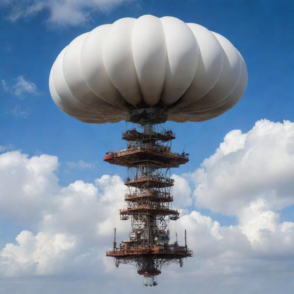 A hovering airpunk oil rig, engineered with dirigible balloons, propellers, and intricate airship-style girders, suspended amidst whirling winds and fluffy cloud formations under a clear, bright sky.