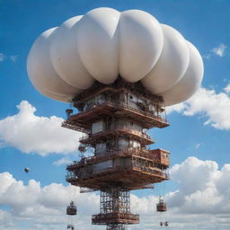 A hovering airpunk oil rig, engineered with dirigible balloons, propellers, and intricate airship-style girders, suspended amidst whirling winds and fluffy cloud formations under a clear, bright sky.