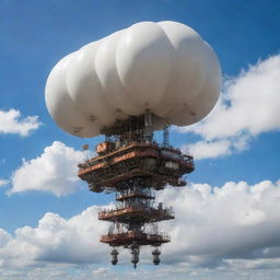 A hovering airpunk oil rig, engineered with dirigible balloons, propellers, and intricate airship-style girders, suspended amidst whirling winds and fluffy cloud formations under a clear, bright sky.