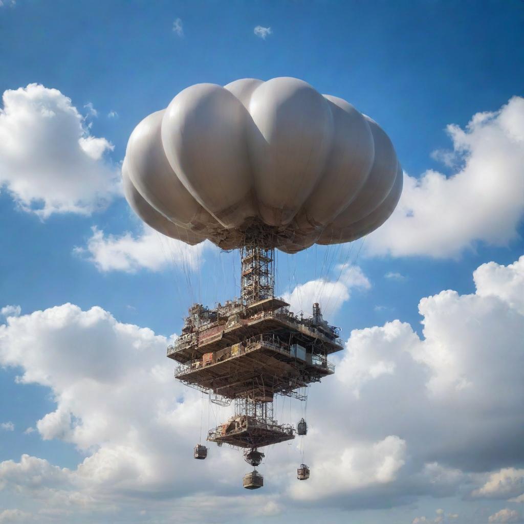 A hovering airpunk oil rig, engineered with dirigible balloons, propellers, and intricate airship-style girders, suspended amidst whirling winds and fluffy cloud formations under a clear, bright sky.