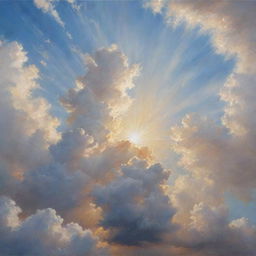 A hyperrealistic painting of a sky, filled with fluffy white clouds gently scattered around a radiant sun.