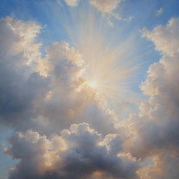 A hyperrealistic painting of a sky, filled with fluffy white clouds gently scattered around a radiant sun.