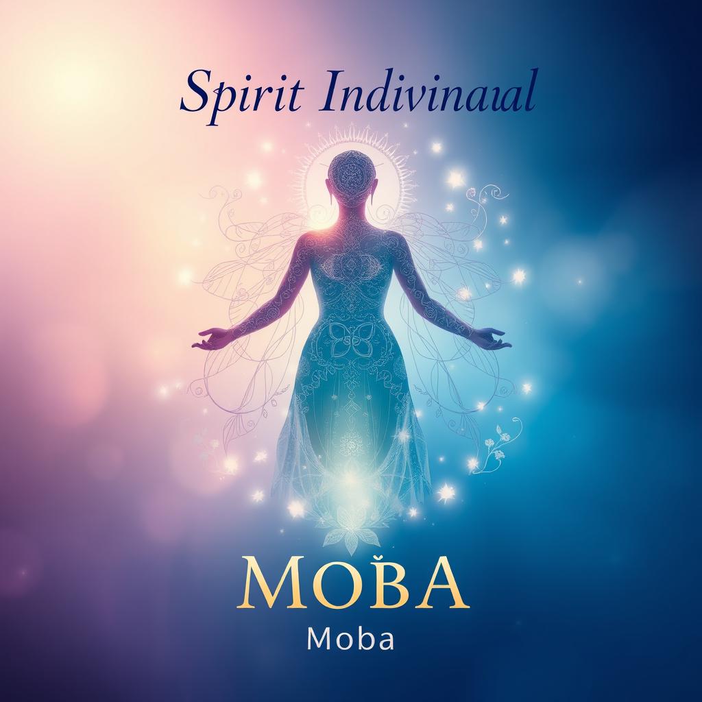 A captivating book cover for 'Spirit Individual' by Moba, featuring an ethereal figure surrounded by a shimmering aura that symbolizes spirituality and individuality