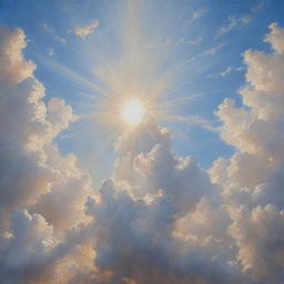 A hyperrealistic painting of a sky, filled with fluffy white clouds gently scattered around a radiant sun.