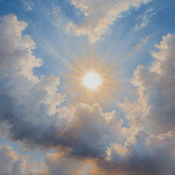 A hyperrealistic painting of a sky, filled with fluffy white clouds gently scattered around a radiant sun.