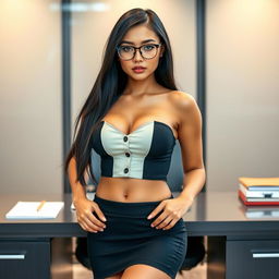 A mesmerizing 19-year-old female secretary, characterized by an hourglass figure with a muscular build, flat stomach, and large silicone breasts