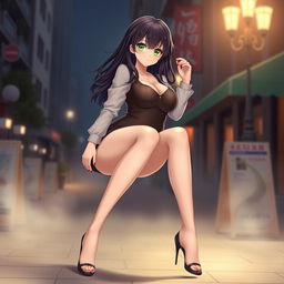 A gorgeous dark-haired waifu with stunning green eyes and large round breasts, showcasing her long sexy legs accentuated by stylish high heels on her delicate feet