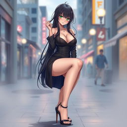 A gorgeous dark-haired waifu with stunning green eyes and large round breasts, showcasing her long sexy legs accentuated by stylish high heels on her delicate feet