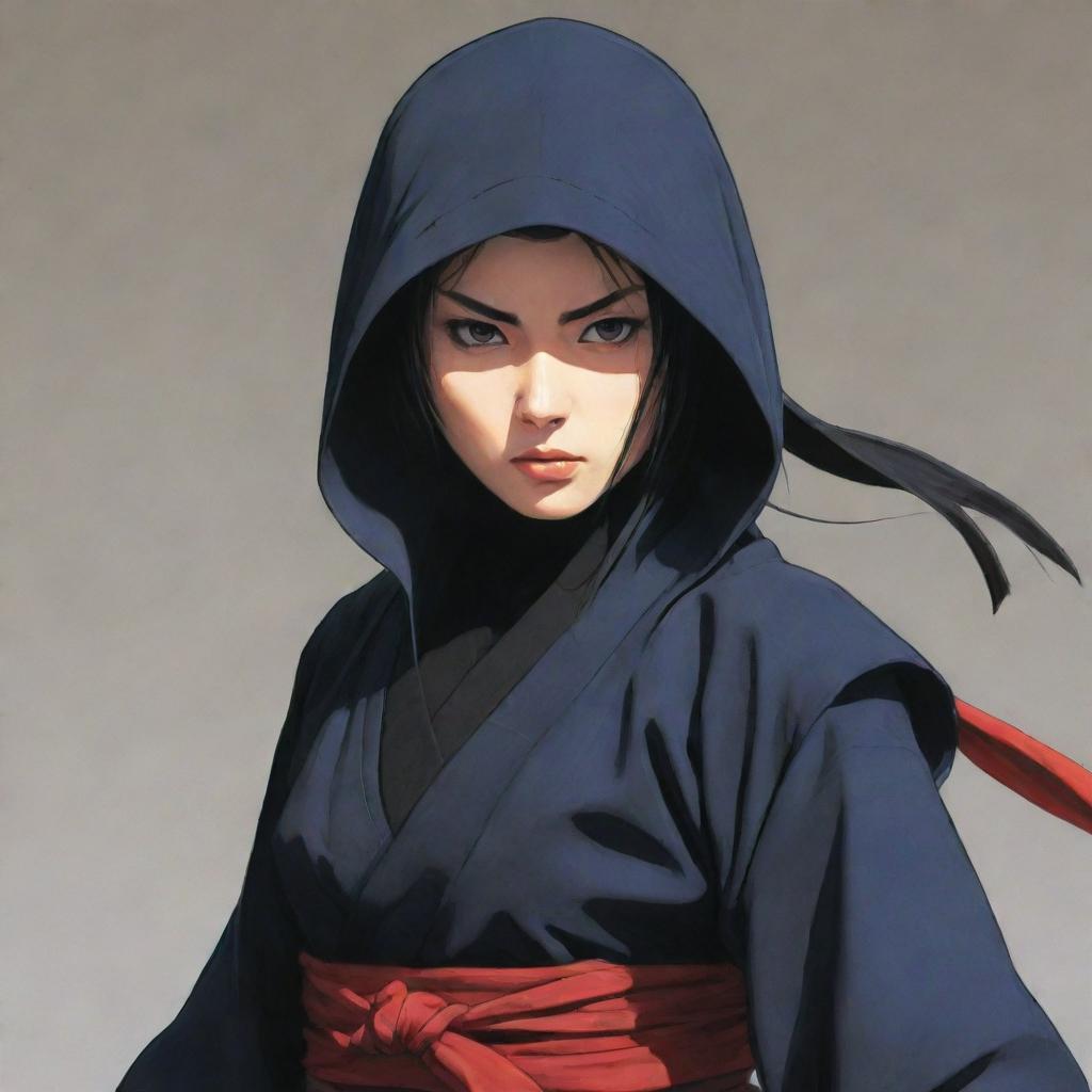 A detailed illustration of a female Japanese anime ninja, clad in traditional attire, poised mid-action with a stealthy, serious expression on her face. She should convey expertise in the art of assassination.