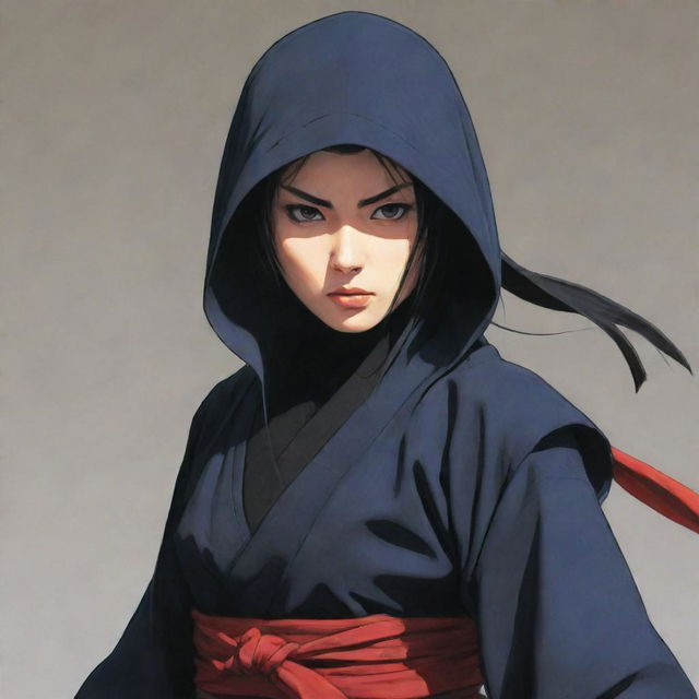 A detailed illustration of a female Japanese anime ninja, clad in traditional attire, poised mid-action with a stealthy, serious expression on her face. She should convey expertise in the art of assassination.