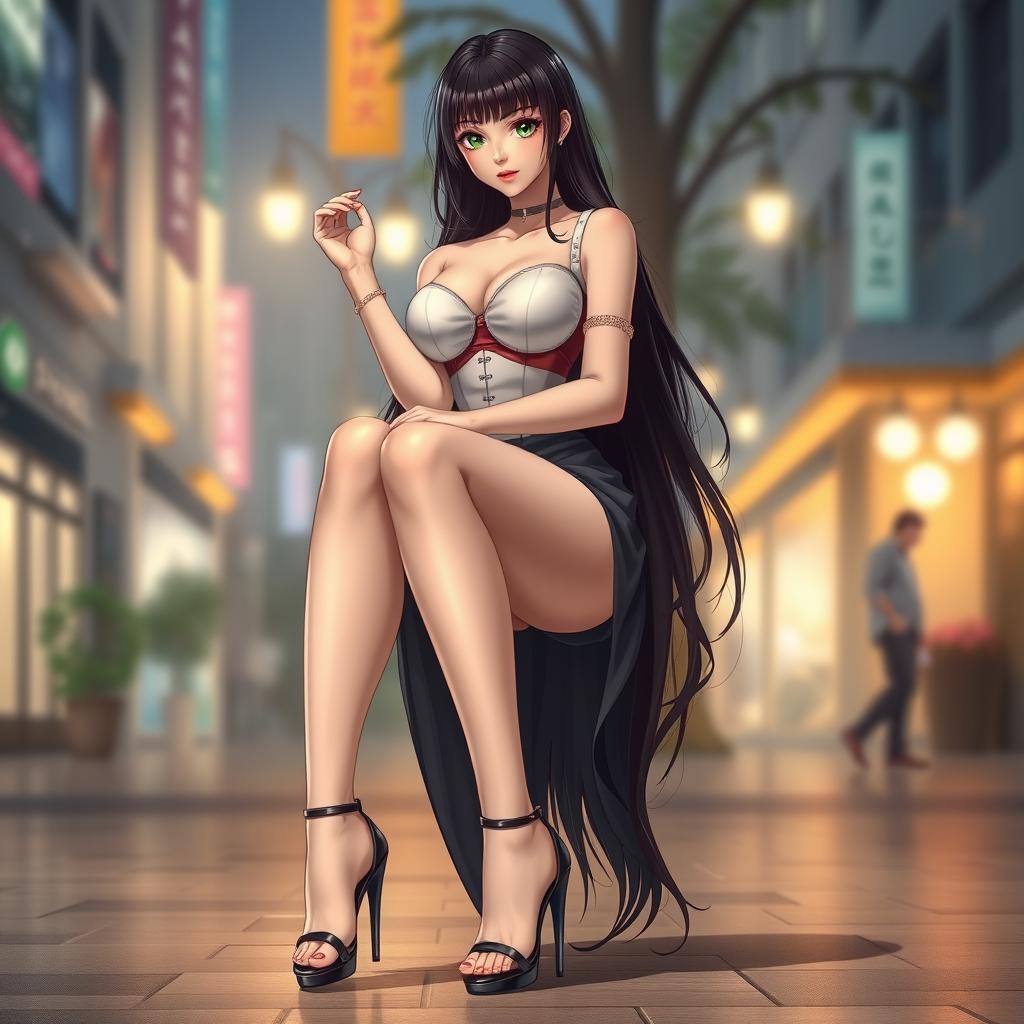 A gorgeous dark-haired waifu with stunning green eyes and large round breasts, showcasing her long sexy legs accentuated by stylish high heels on her delicate feet