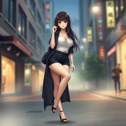 A gorgeous dark-haired waifu with stunning green eyes and large round breasts, showcasing her long sexy legs accentuated by stylish high heels on her delicate feet