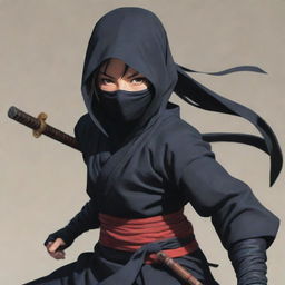 A detailed illustration of a female Japanese anime ninja, clad in traditional attire, poised mid-action with a stealthy, serious expression on her face. She should convey expertise in the art of assassination.