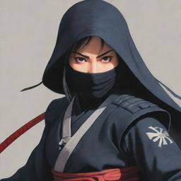 A detailed illustration of a female Japanese anime ninja, clad in traditional attire, poised mid-action with a stealthy, serious expression on her face. She should convey expertise in the art of assassination.