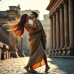 A romantic scene set in ancient Rome, featuring a beautiful woman with flowing long hair, wearing an elegant toga and sandals, passionately kissing a handsome man in a picturesque outdoor setting surrounded by classic Roman architecture