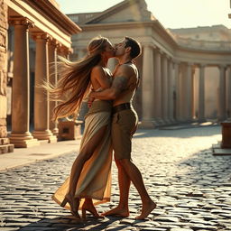 A romantic scene set in ancient Rome, featuring a beautiful woman with flowing long hair, wearing an elegant toga and sandals, passionately kissing a handsome man in a picturesque outdoor setting surrounded by classic Roman architecture