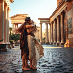 A romantic scene set in ancient Rome, featuring a beautiful woman with flowing long hair, wearing an elegant toga and sandals, passionately kissing a handsome man in a picturesque outdoor setting surrounded by classic Roman architecture