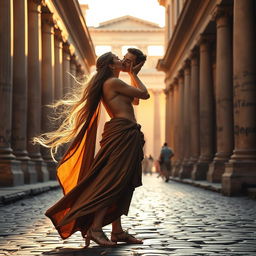 A romantic scene set in ancient Rome, featuring a beautiful woman with flowing long hair, wearing an elegant toga and sandals, passionately kissing a handsome man in a picturesque outdoor setting surrounded by classic Roman architecture