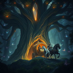 A massive ancient tree with a cave entrance at the base of its trunk, located in a mystical forest at night