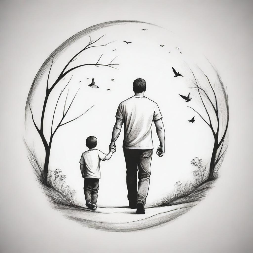 An animated, stylistic tattoo design showing a father and son in a heartwarming scene. The style should be intricate with bold lines and attention to detail, to capture the sentimental bond between them.