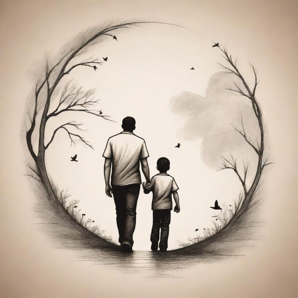 An animated, stylistic tattoo design showing a father and son in a heartwarming scene. The style should be intricate with bold lines and attention to detail, to capture the sentimental bond between them.