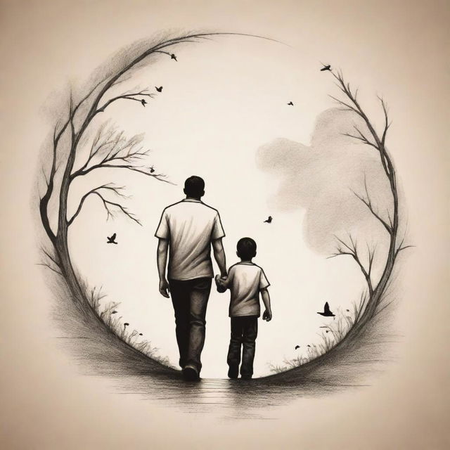 An animated, stylistic tattoo design showing a father and son in a heartwarming scene. The style should be intricate with bold lines and attention to detail, to capture the sentimental bond between them.