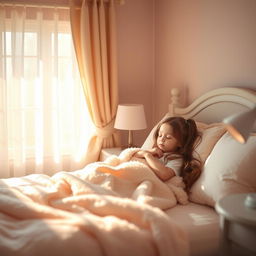 A serene and peaceful scene of a girl peacefully sleeping in a cozy bedroom, bathed in soft morning light