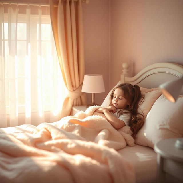 A serene and peaceful scene of a girl peacefully sleeping in a cozy bedroom, bathed in soft morning light