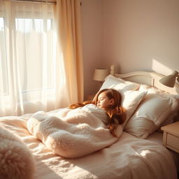 A serene and peaceful scene of a girl peacefully sleeping in a cozy bedroom, bathed in soft morning light