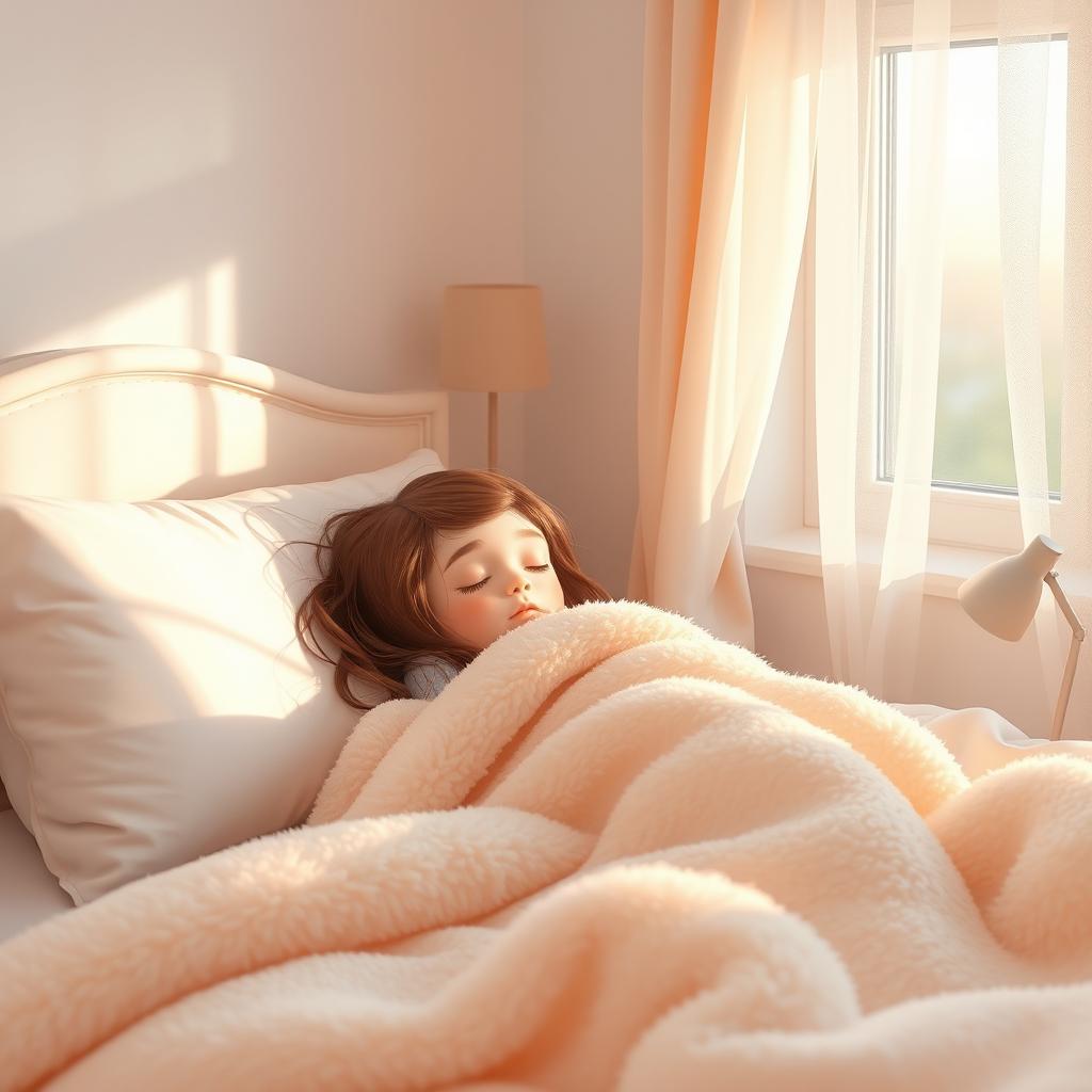 A serene and peaceful scene of a girl peacefully sleeping in a cozy bedroom, bathed in soft morning light