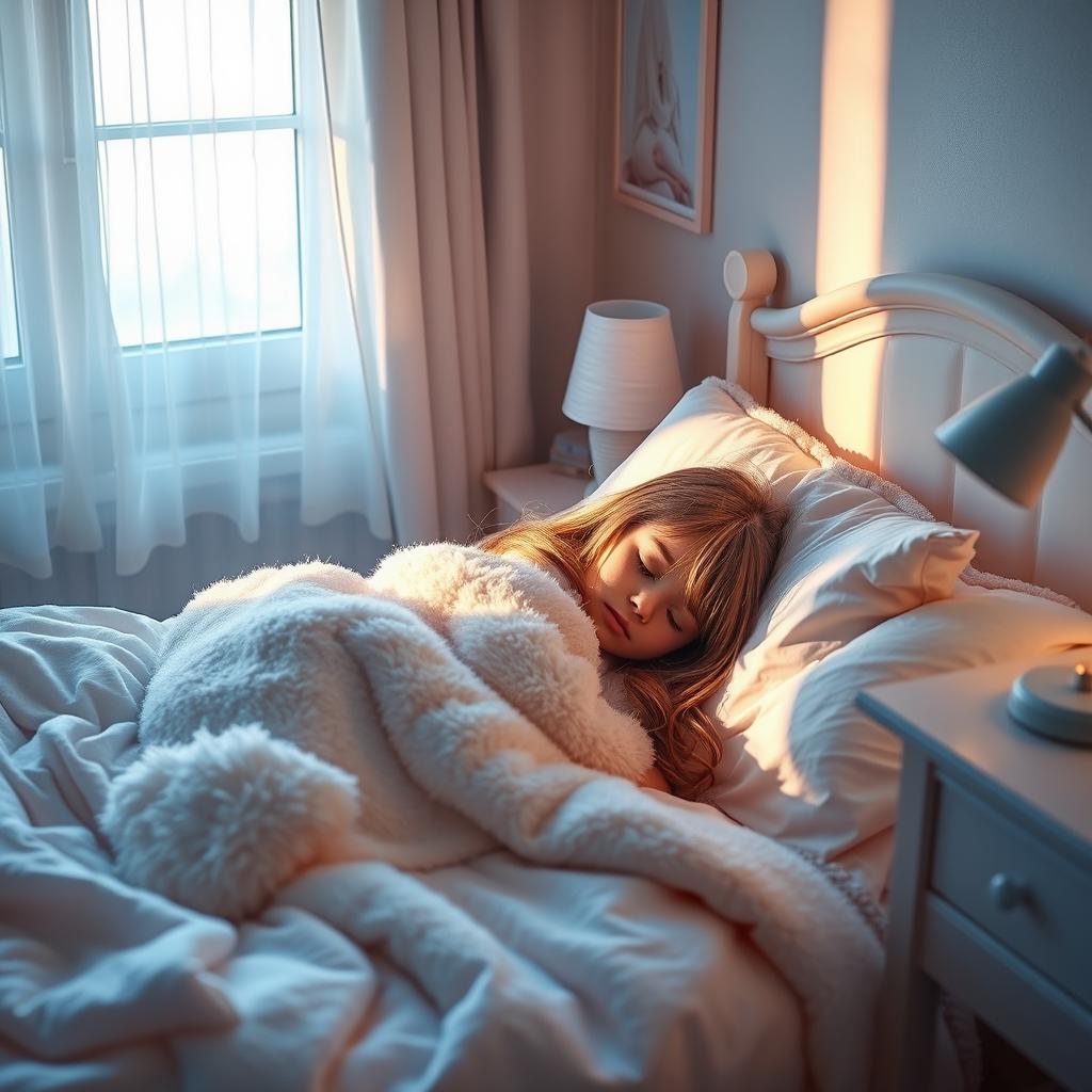 A serene and peaceful scene of a girl peacefully sleeping in a cozy bedroom, bathed in soft morning light