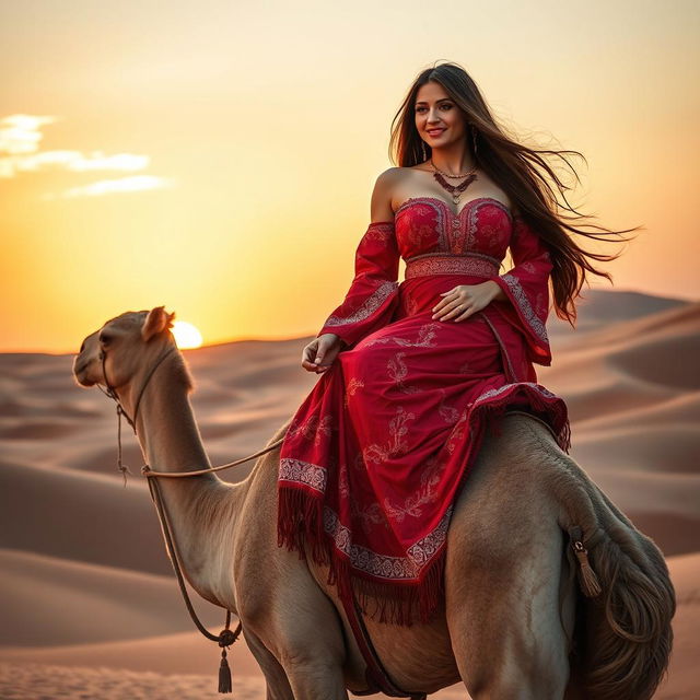 A captivating and sensual portrayal of a voluptuous Turkish woman with long, flowing hair and an enchanting smile, elegantly riding a majestic camel across a picturesque desert landscape