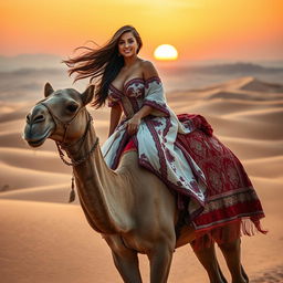 A captivating and sensual portrayal of a voluptuous Turkish woman with long, flowing hair and an enchanting smile, elegantly riding a majestic camel across a picturesque desert landscape