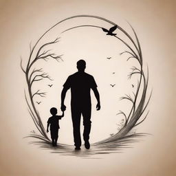 An animated, stylistic tattoo design showing a father and son in a heartwarming scene. The style should be intricate with bold lines and attention to detail, to capture the sentimental bond between them.