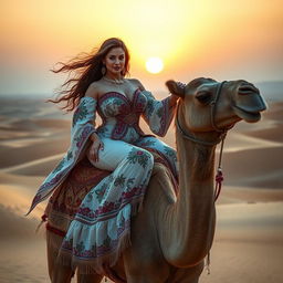 A captivating and sensual portrayal of a voluptuous Turkish woman with long, flowing hair and an enchanting smile, elegantly riding a majestic camel across a picturesque desert landscape