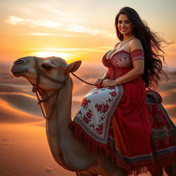 A captivating and sensual portrayal of a voluptuous Turkish woman with long, flowing hair and an enchanting smile, elegantly riding a majestic camel across a picturesque desert landscape