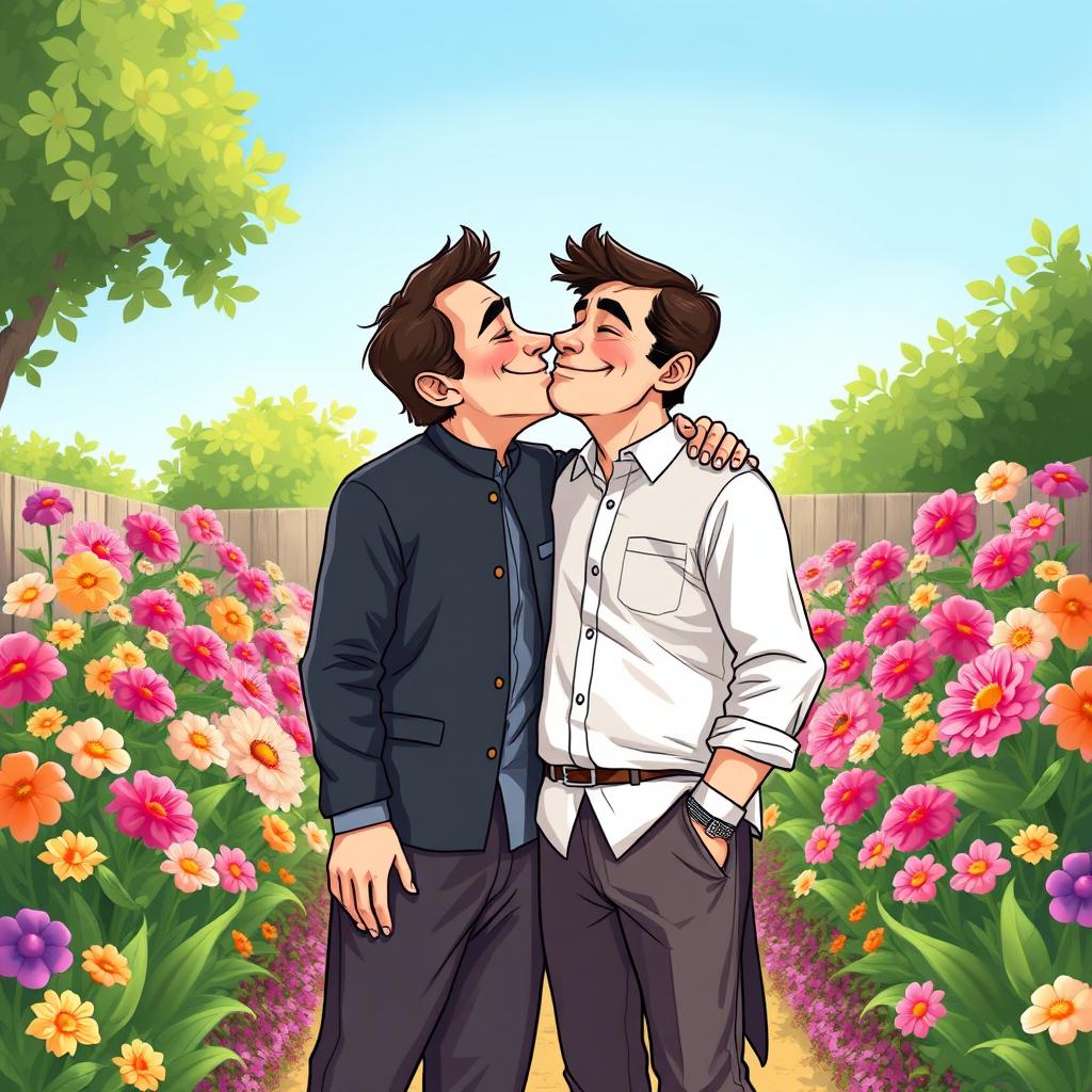 A light-hearted and whimsical depiction of two prominent political figures, Imran Khan and Bilawal Bhutto, sharing a playful kiss in a colorful and vibrant garden setting