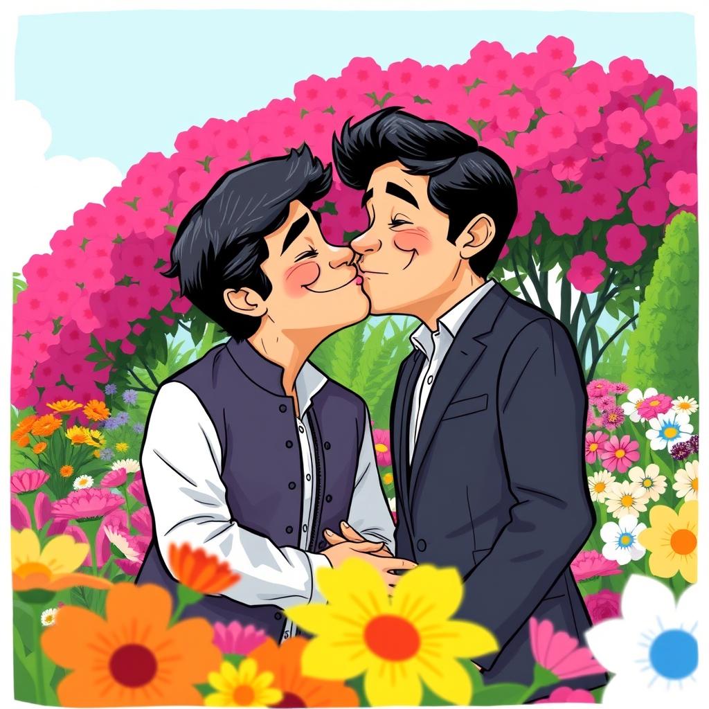 A light-hearted and whimsical depiction of two prominent political figures, Imran Khan and Bilawal Bhutto, sharing a playful kiss in a colorful and vibrant garden setting