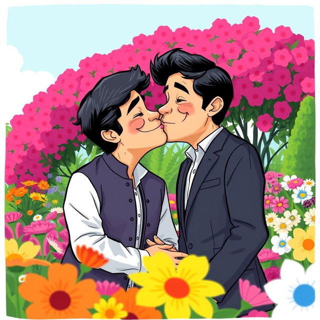 A light-hearted and whimsical depiction of two prominent political figures, Imran Khan and Bilawal Bhutto, sharing a playful kiss in a colorful and vibrant garden setting